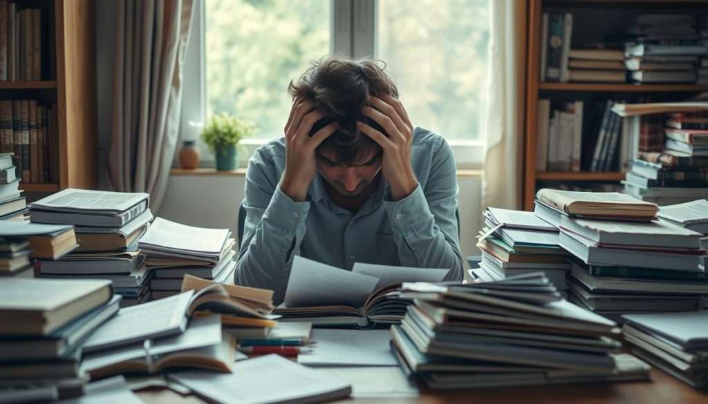 Student struggling with books and notes, looking frustrated while learning