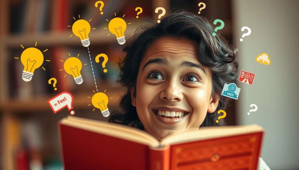 Person experiencing the joy of learning something new every day through reading a book with a look of wonder