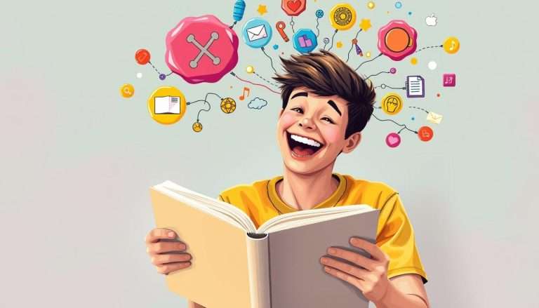 Person excitedly reading a book with thought bubbles showing creative connections - fall in love with learning